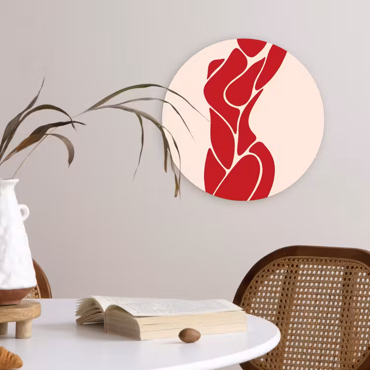 Vrouw - Figuur - Abstract - Modern - Rood Wandcirkel kunststof plaat 5mm dik klein -sfeer4