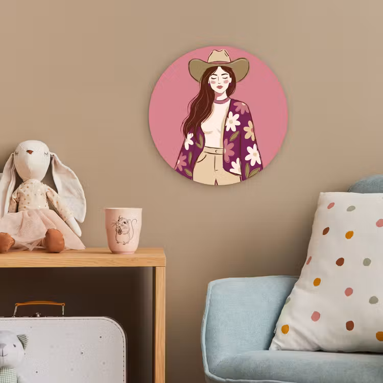 Vrouw - Hoed - Portret - Illustratie - Roze Wandcirkel kunststof plaat 5mm dik klein -tsfeer1_kind