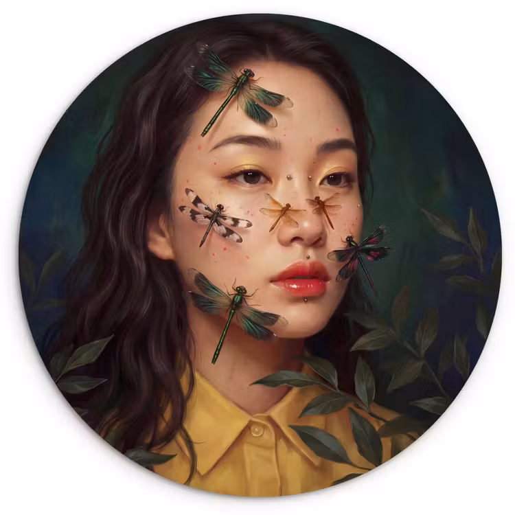 Vrouw - Insecten - Natuur - Portret - Groen Wandcirkel kunststof plaat 5mm dik klein -3d