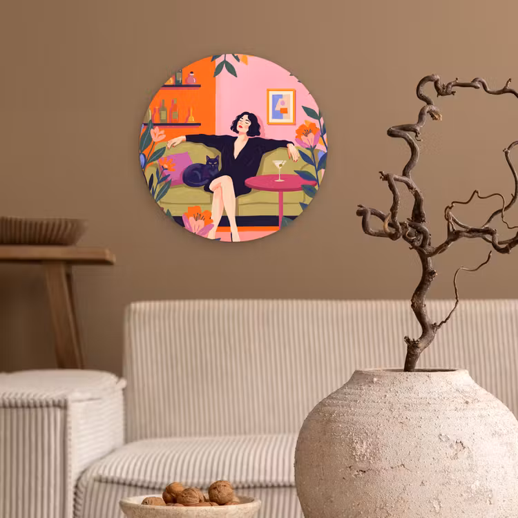 Vrouw - Kat - Interieur - Modern - Kleurrijk Wandcirkel kunststof plaat 5mm dik klein -sfeer1