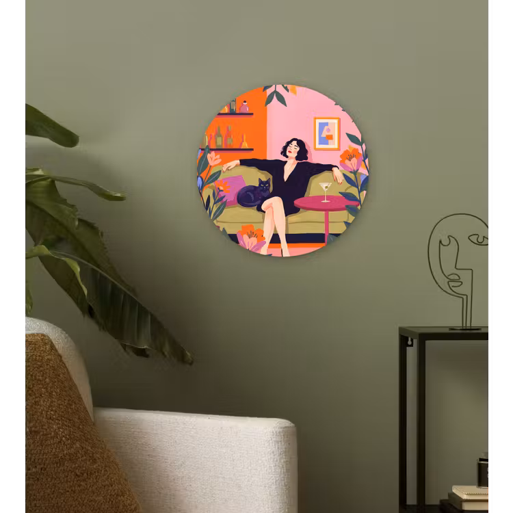 Vrouw - Kat - Interieur - Modern - Kleurrijk Wandcirkel kunststof plaat 5mm dik klein -sfeer3