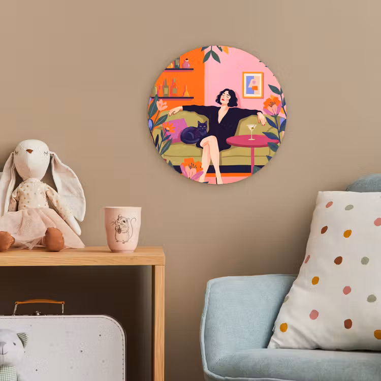 Vrouw - Kat - Interieur - Modern - Kleurrijk Wandcirkel kunststof plaat 5mm dik klein -tsfeer1_kind