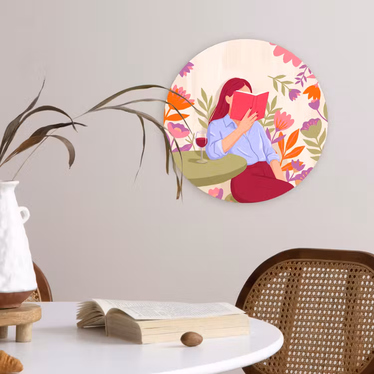 Vrouw - Lezen - Thuis - Modern - Bloemen Wandcirkel kunststof plaat 5mm dik klein -sfeer4