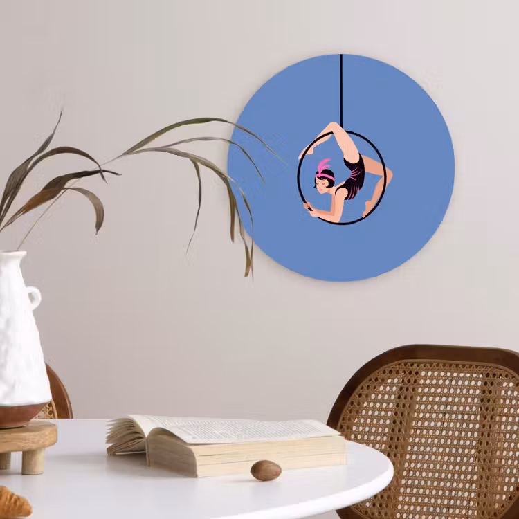 Vrouw - Aerial hoop - Art deco - Illustratie - Blauw Wandcirkel kunststof plaat 5mm dik klein -sfeer4