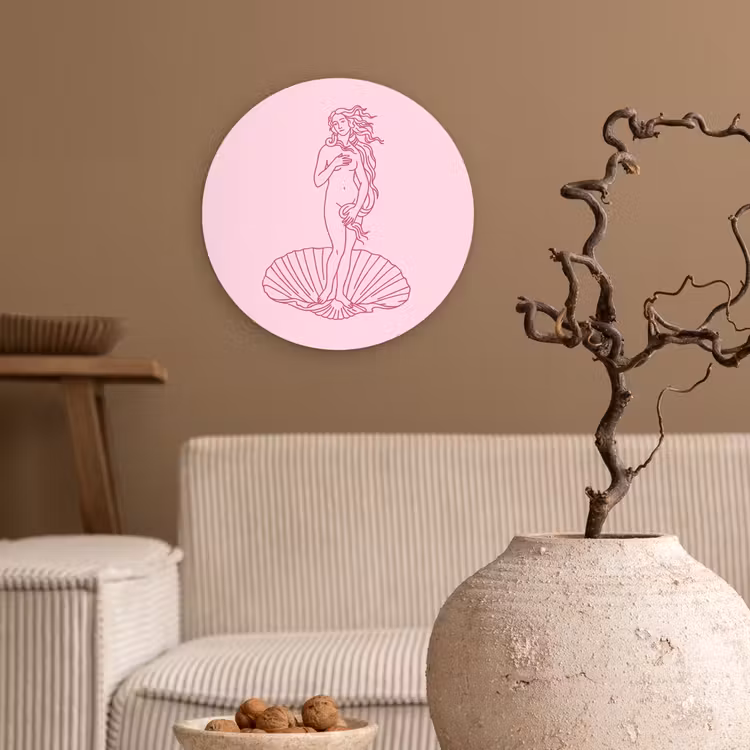 Vrouw - Schelp - Kunst - Lijntekening - Roze Wandcirkel kunststof plaat 5mm dik klein -sfeer1