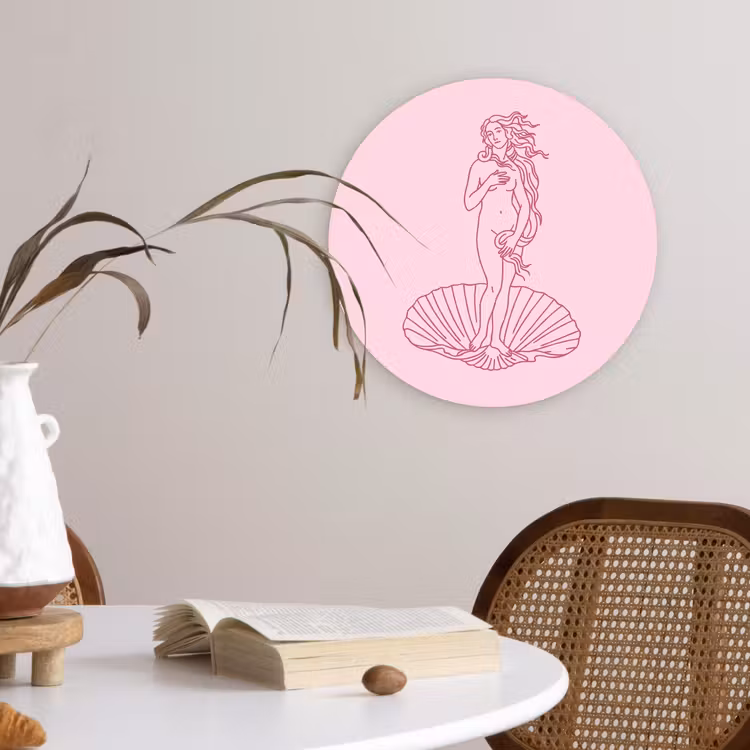 Vrouw - Schelp - Kunst - Lijntekening - Roze Wandcirkel kunststof plaat 5mm dik klein -sfeer4