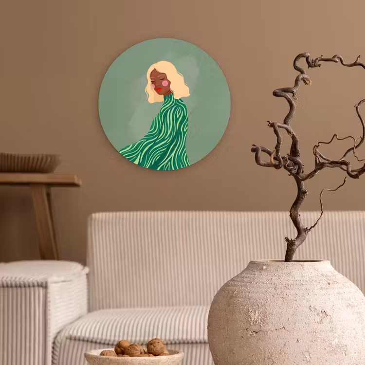 Vrouw - Portret - Illustratie - Modern - Groen Wandcirkel kunststof plaat 5mm dik klein -sfeer1
