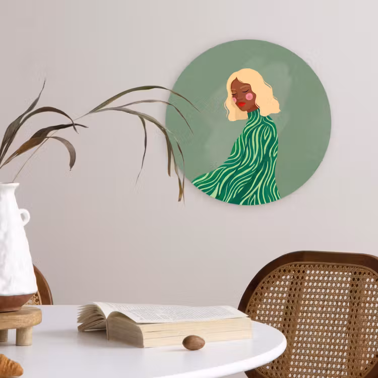 Vrouw - Portret - Illustratie - Modern - Groen Wandcirkel kunststof plaat 5mm dik klein -sfeer4