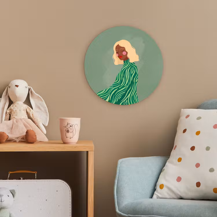 Vrouw - Portret - Illustratie - Modern - Groen Wandcirkel kunststof plaat 5mm dik klein -tsfeer1_kind