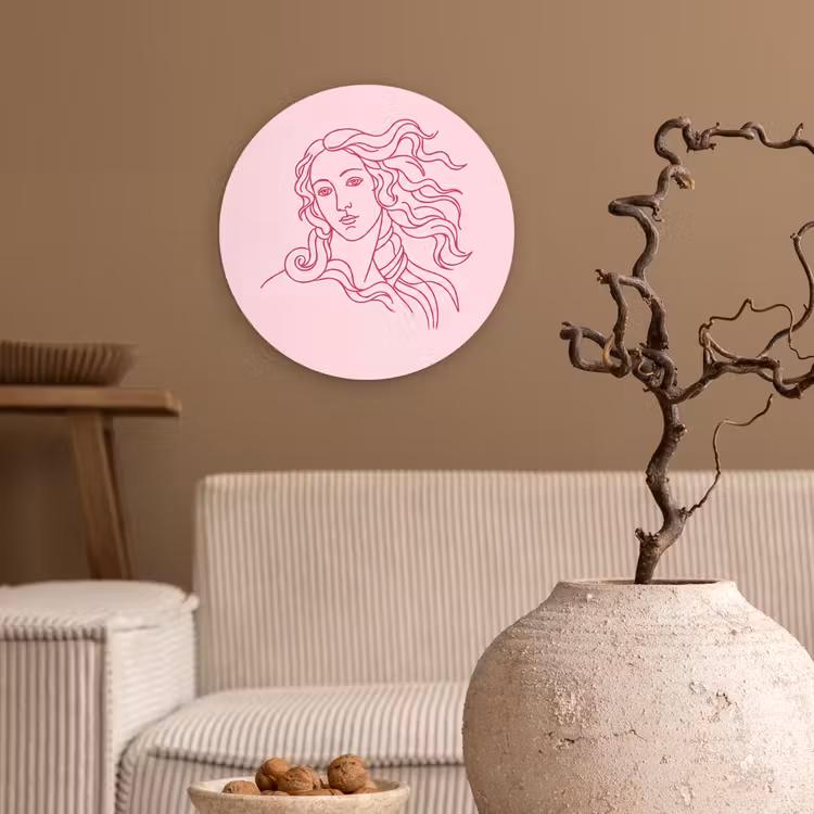 Vrouw - Portret - Klassiek - Line-art - Roze Wandcirkel kunststof plaat 5mm dik klein -sfeer1