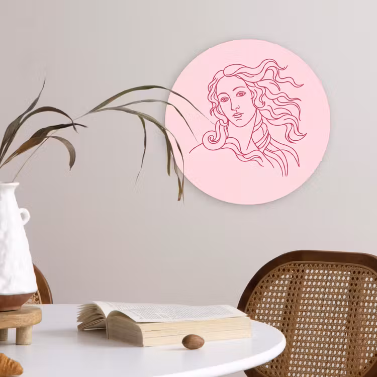 Vrouw - Portret - Klassiek - Line-art - Roze Wandcirkel kunststof plaat 5mm dik klein -sfeer4