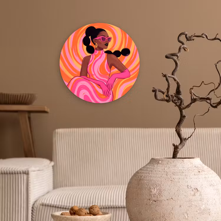 Vrouw - Portret - Kunst - Abstract - Roze Wandcirkel kunststof plaat 5mm dik klein -sfeer1