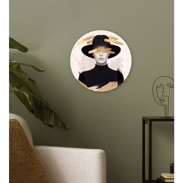 Vrouw - Portret - Modern - Goud - Kunst Wandcirkel kunststof plaat 5mm dik klein -sfeer3