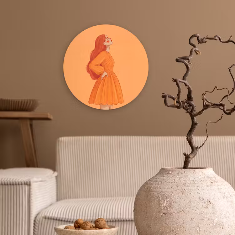 Vrouw - Profiel - Mensen - Modern - Oranje Wandcirkel kunststof plaat 5mm dik klein -sfeer1