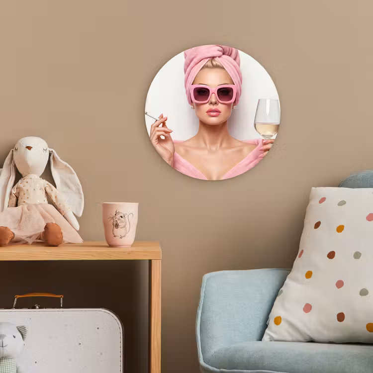 Vrouw - Roze - Wijn - Zonnebril Wandcirkel kunststof plaat 5mm dik klein -tsfeer1_kind