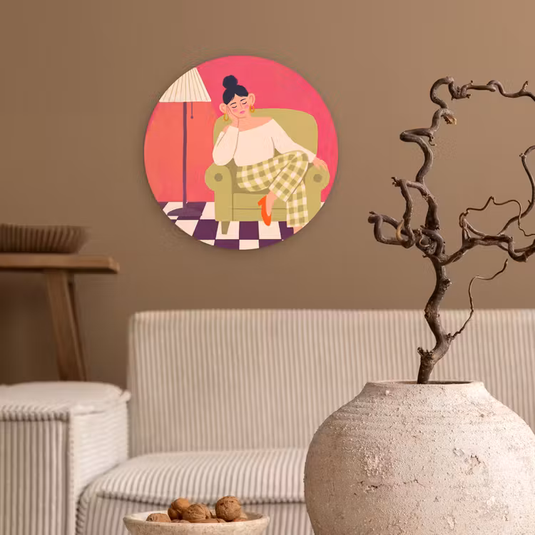 Vrouw - Rust - Interieur - Modern - Kunst Wandcirkel kunststof plaat 5mm dik klein -sfeer1