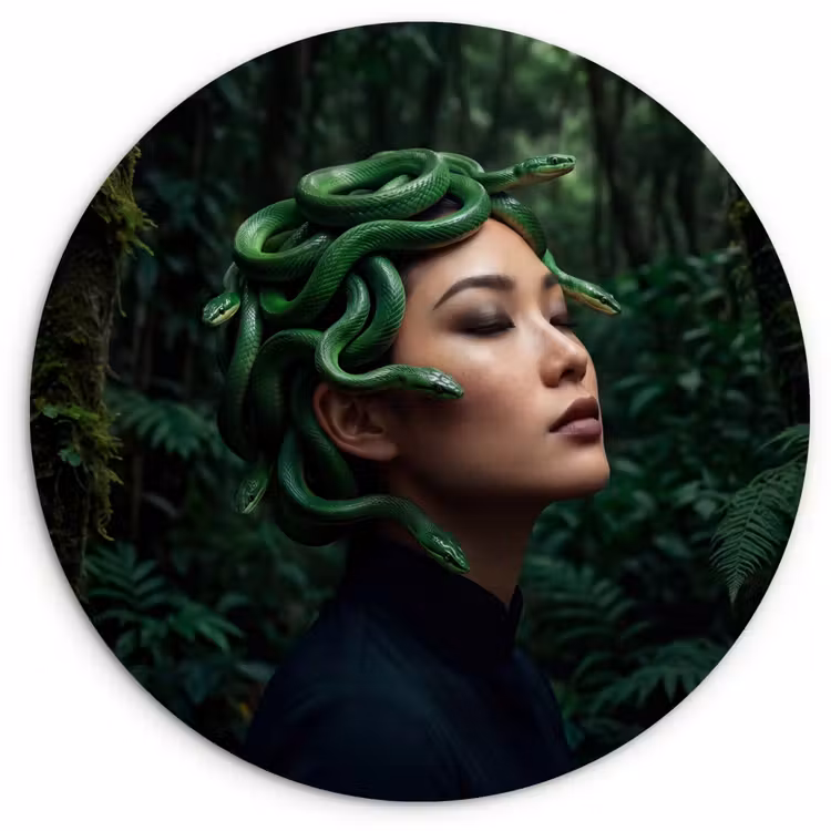 Vrouw - Slang - Natuur - Mystiek - Groen Wandcirkel kunststof plaat 5mm dik klein -3d