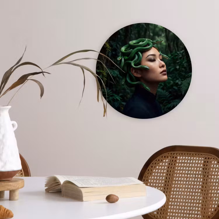 Vrouw - Slang - Natuur - Mystiek - Groen Wandcirkel kunststof plaat 5mm dik klein -sfeer4