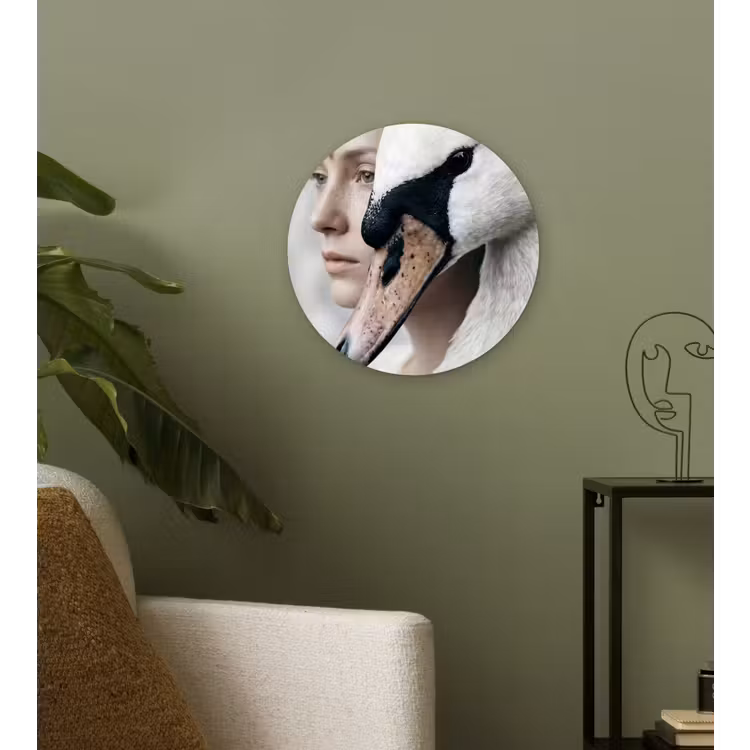 Vrouw - Zwaan - Wit Wandcirkel kunststof plaat 5mm dik klein -sfeer3