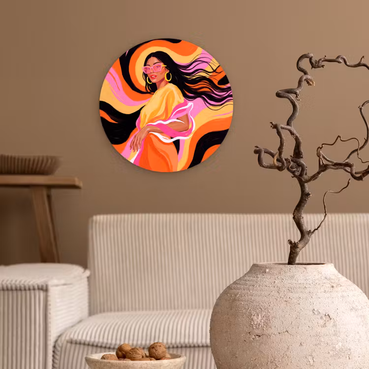 Vrouw - Zonnebril - Abstract - Kleurrijk Wandcirkel kunststof plaat 5mm dik klein -sfeer1