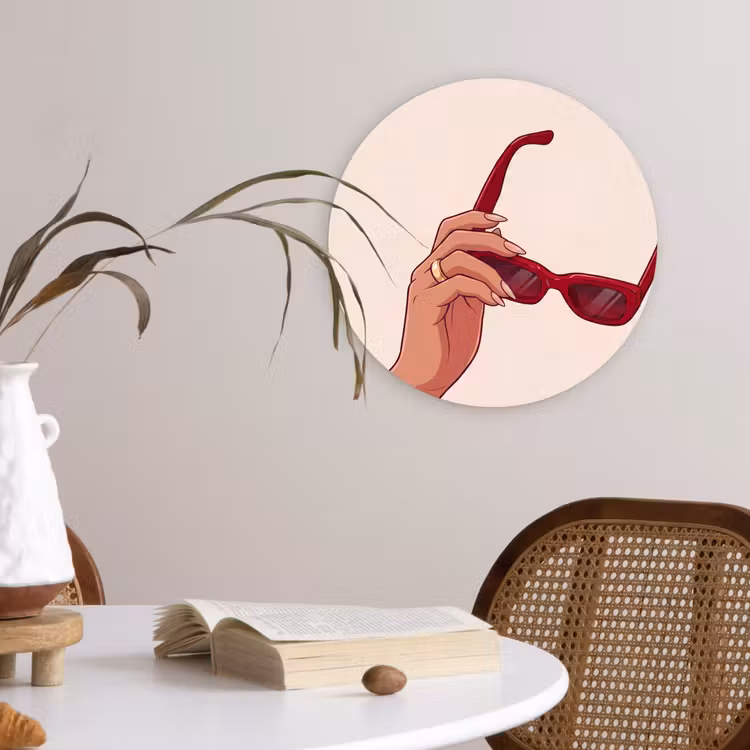 Vrouw - Zonnebril - Mode - Rood - Illustratie Wandcirkel kunststof plaat 5mm dik klein -sfeer4