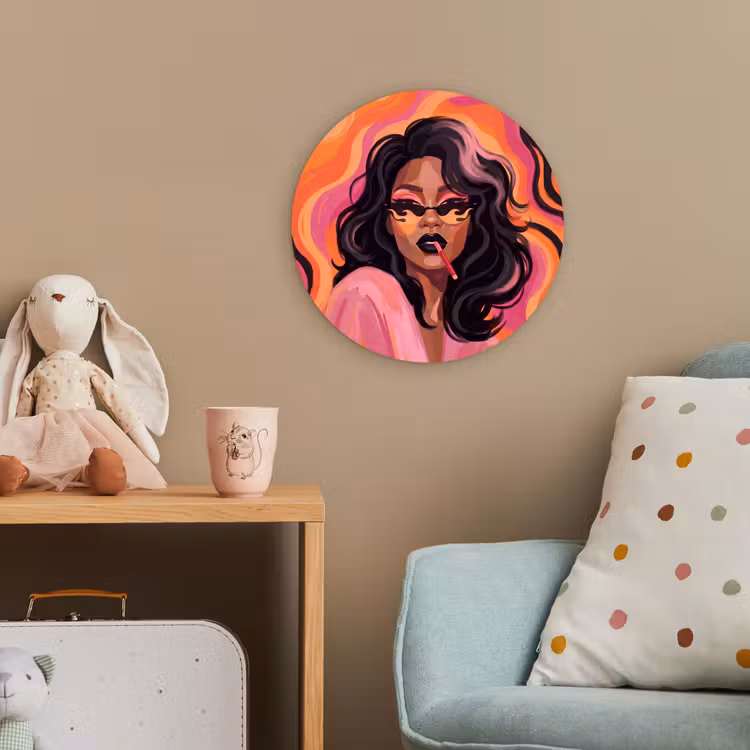 Vrouw - Zonnebril - Modern - Portret - Oranje Wandcirkel kunststof plaat 5mm dik klein -tsfeer1_kind