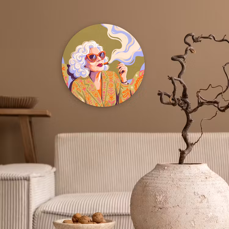 Vrouw - Zonnebril - Portret - Modern - Kleurrijk Wandcirkel kunststof plaat 5mm dik klein -sfeer1