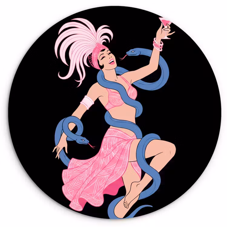 Vrouw - Danseres - Slangen - Art Deco - Roze Wandcirkel kunststof plaat 5mm dik klein -3d