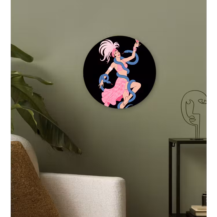 Vrouw - Danseres - Slangen - Art Deco - Roze Wandcirkel kunststof plaat 5mm dik klein -sfeer3