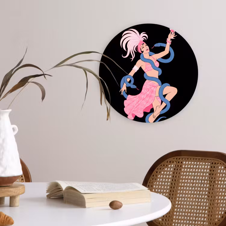 Vrouw - Danseres - Slangen - Art Deco - Roze Wandcirkel kunststof plaat 5mm dik klein -sfeer4