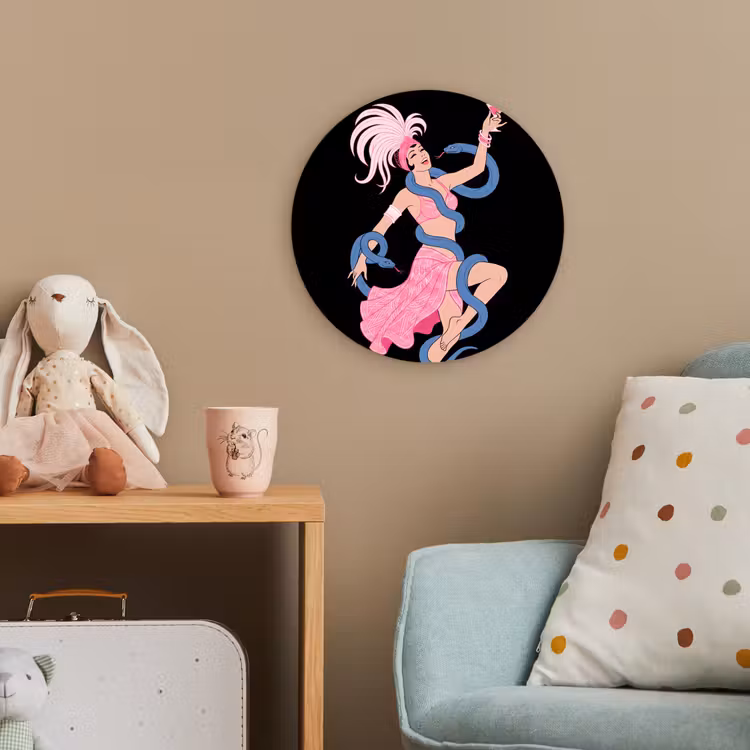 Vrouw - Danseres - Slangen - Art Deco - Roze Wandcirkel kunststof plaat 5mm dik klein -tsfeer1_kind