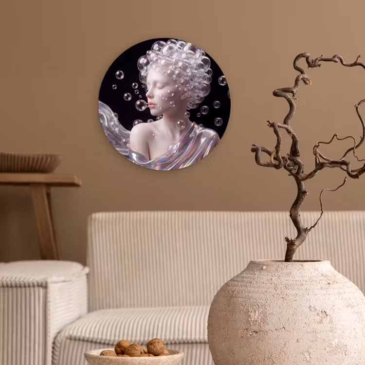 Vrouw - Bellen - Abstract - Kleurrijk Wandcirkel kunststof plaat 5mm dik klein -sfeer1