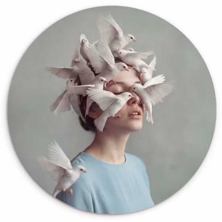 Vrouw - Vogels - Abstract - Modern - Wit Wandcirkel kunststof plaat 5mm dik klein -3d