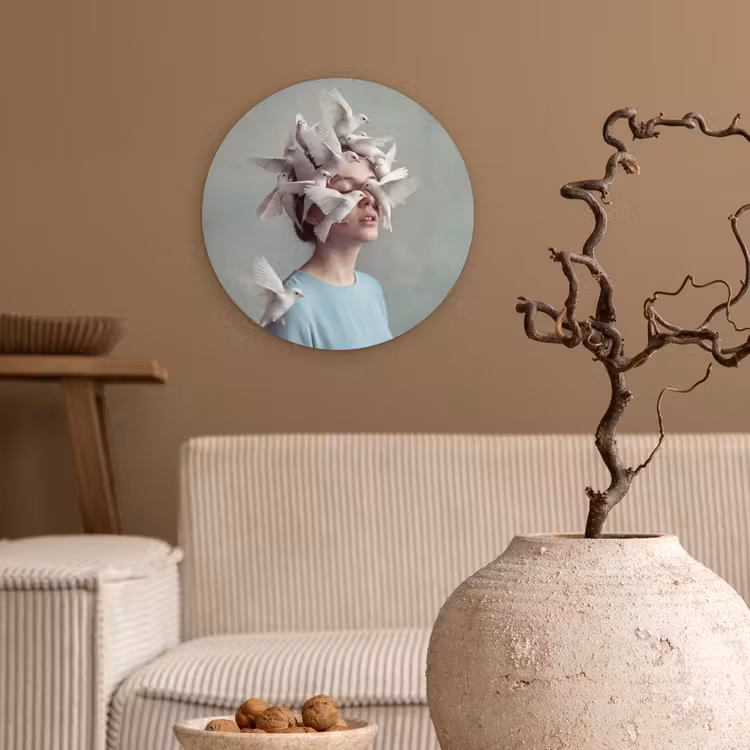 Vrouw - Vogels - Abstract - Modern - Wit Wandcirkel kunststof plaat 5mm dik klein -sfeer1