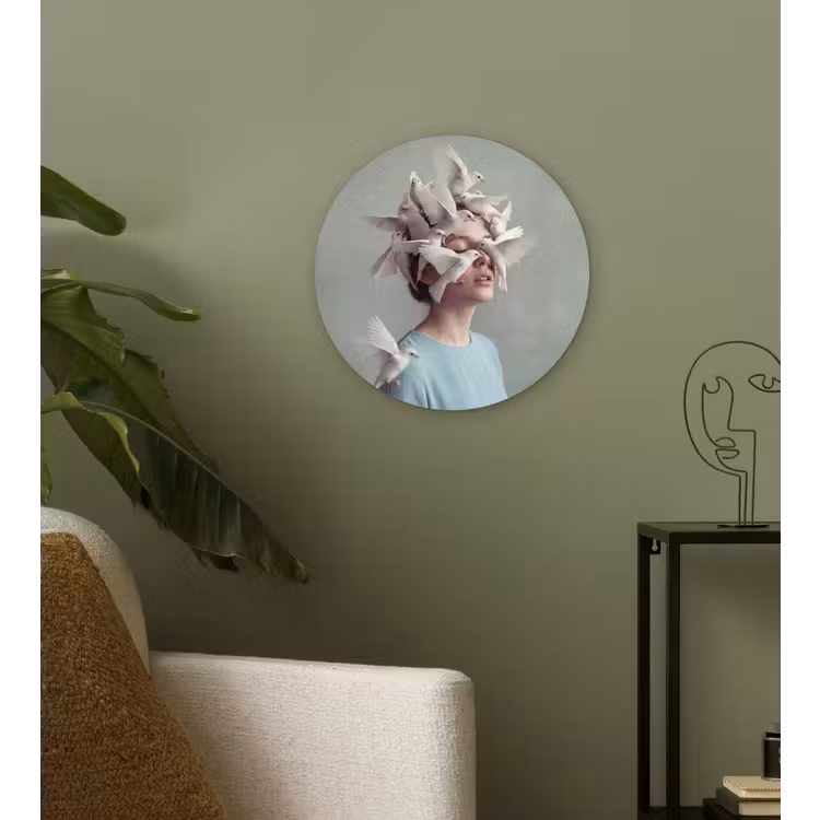 Vrouw - Vogels - Abstract - Modern - Wit Wandcirkel kunststof plaat 5mm dik klein -sfeer3