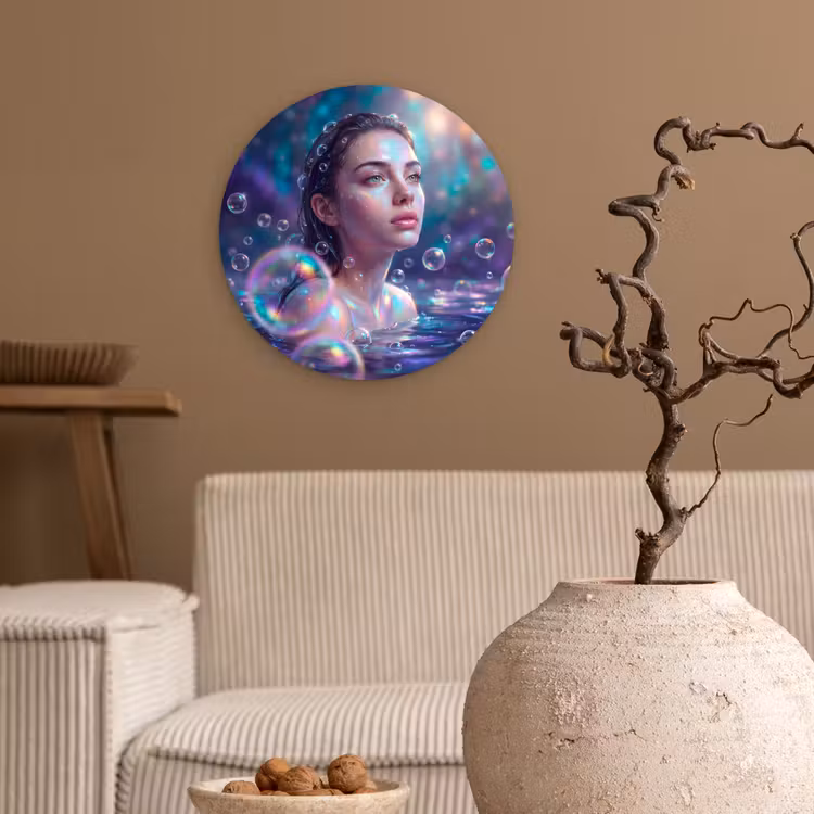 Vrouw - Water - Portret - Kleurrijk - Modern Wandcirkel kunststof plaat 5mm dik klein -sfeer1