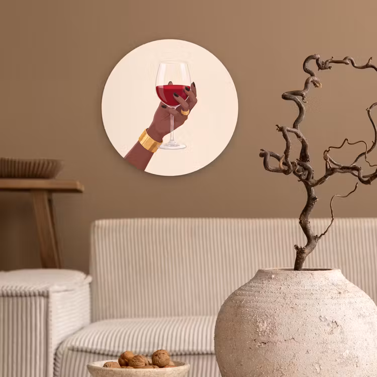 Vrouw - Wijn - Glas - Illustratie - Rood Wandcirkel kunststof plaat 5mm dik klein -sfeer1