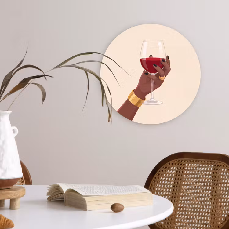 Vrouw - Wijn - Glas - Illustratie - Rood Wandcirkel kunststof plaat 5mm dik klein -sfeer4