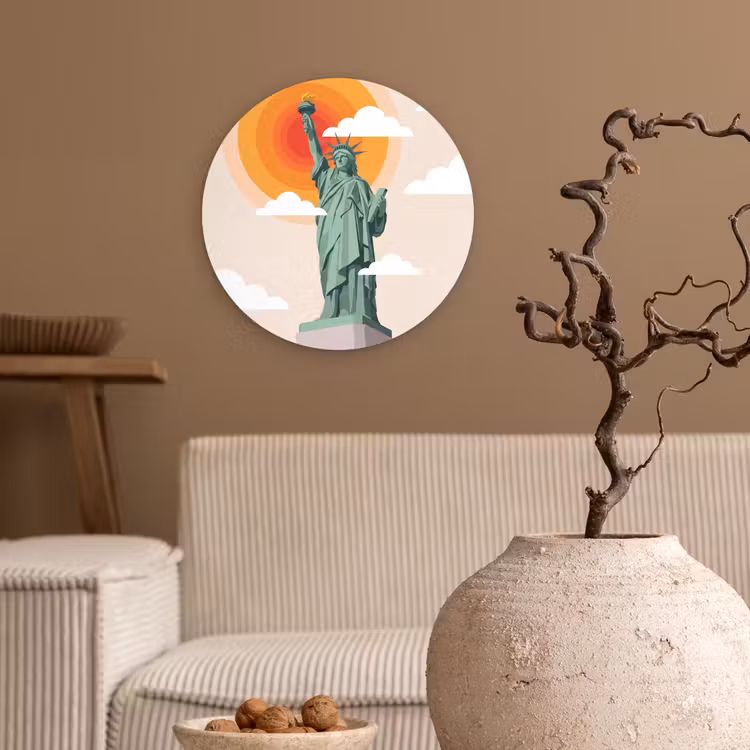 Vrijheidsbeeld - New York - Zon - Modern Wandcirkel kunststof plaat 5mm dik klein -sfeer1