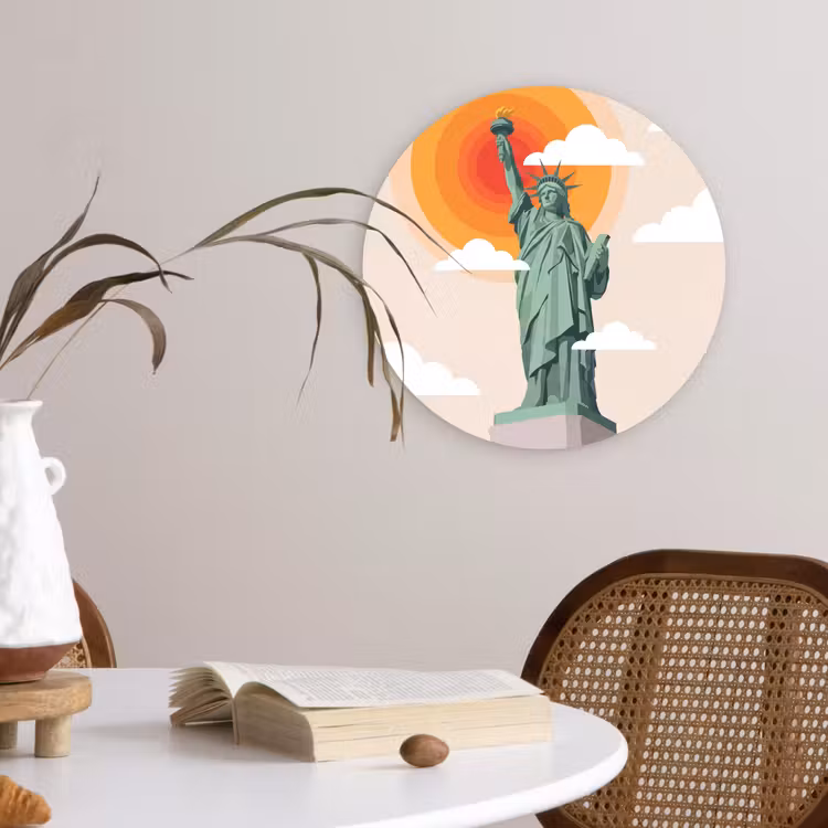 Vrijheidsbeeld - New York - Zon - Modern Wandcirkel kunststof plaat 5mm dik klein -sfeer4