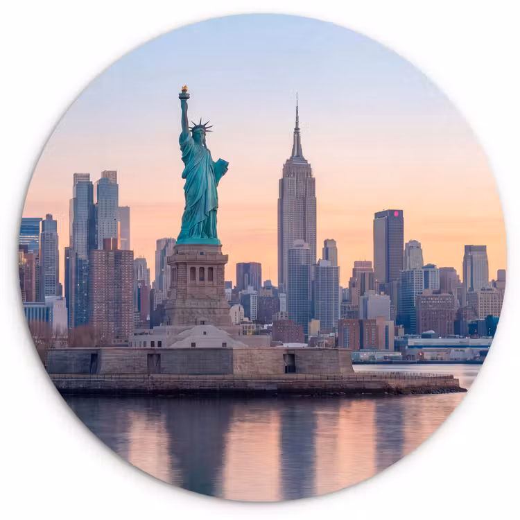 Vrijheidsbeeld - New York - Zonsopgang - Stad - Architectuur Wandcirkel kunststof plaat 5mm dik klein -3d