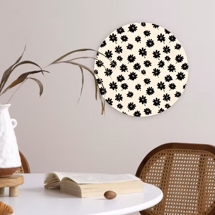 Madeliefjes - Grafisch - Zwart - Beige Wandcirkel kunststof plaat 5mm dik klein 188 -sfeer4