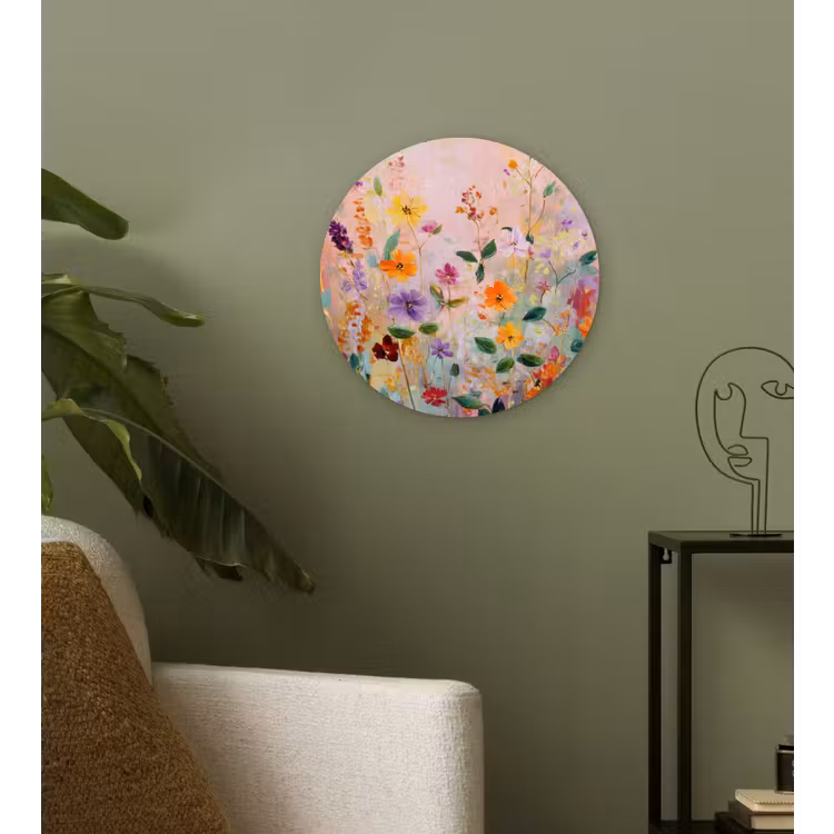 Schilderij - Bloemen - Abstract - Kleurrijk Wandcirkel kunststof plaat 5mm dik klein -sfeer3