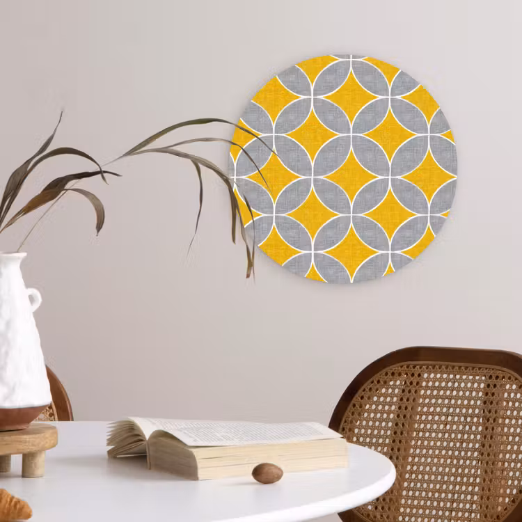 Geometrisch - Cirkels - Textuur - Grijs - Geel Wandcirkel kunststof plaat 5mm dik klein 188 -sfeer4