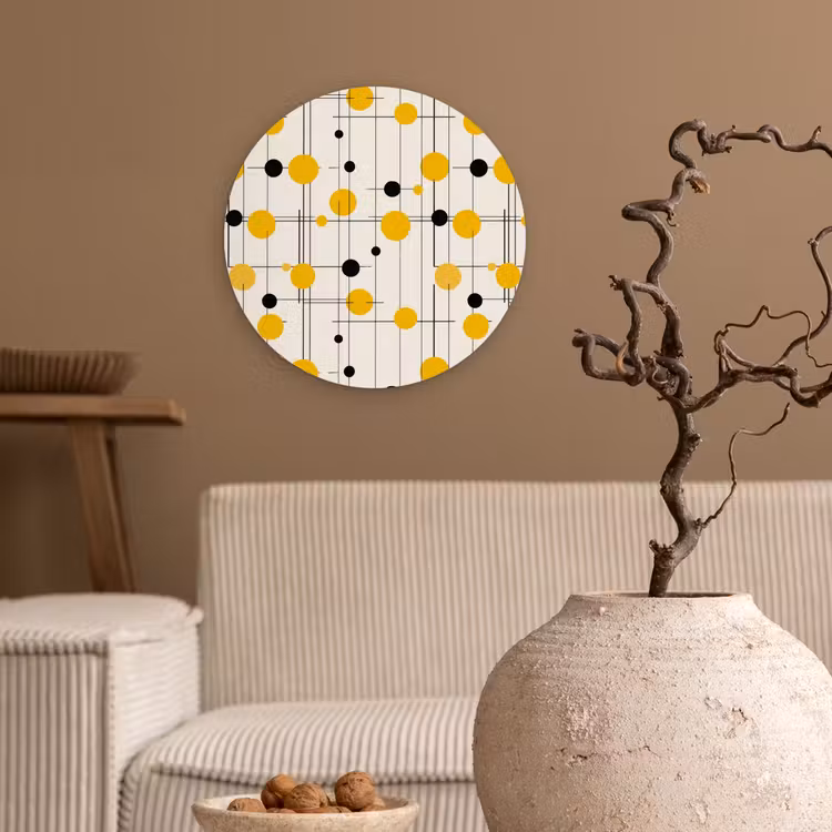 Geometrisch - Retro - Lijnen - Okergeel - Zwart Wandcirkel kunststof plaat 5mm dik klein 188 -sfeer1