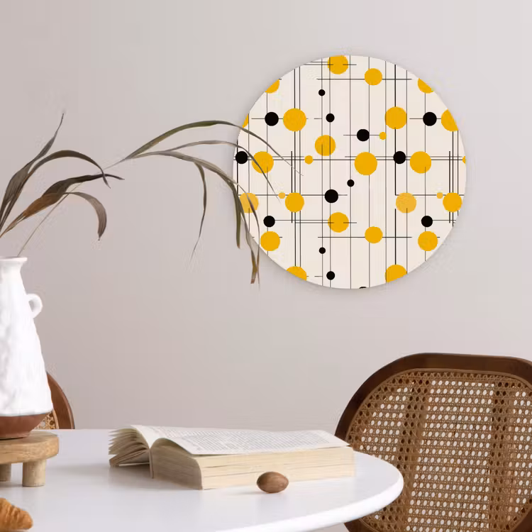 Geometrisch - Retro - Lijnen - Okergeel - Zwart Wandcirkel kunststof plaat 5mm dik klein 188 -sfeer4