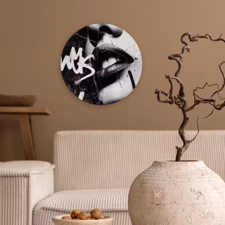 Gezicht - Mond - Graffiti - Zwart Wandcirkel kunststof plaat 5mm dik klein -sfeer1