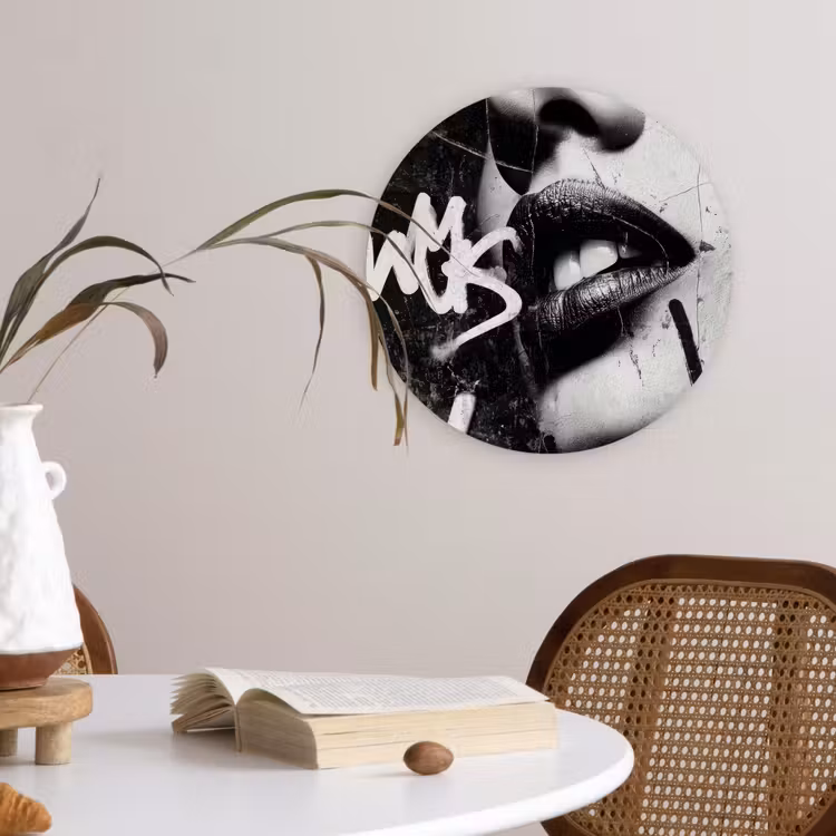 Gezicht - Mond - Graffiti - Zwart Wandcirkel kunststof plaat 5mm dik klein -sfeer4