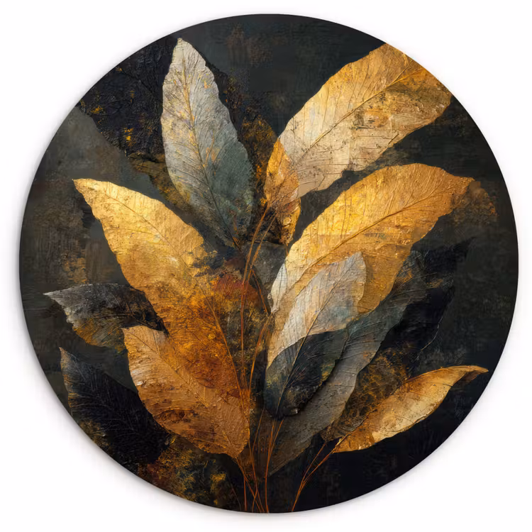 Gouden Bladcompositie – Botanische Luxe Wandcirkel kunststof plaat 5mm dik klein -3d