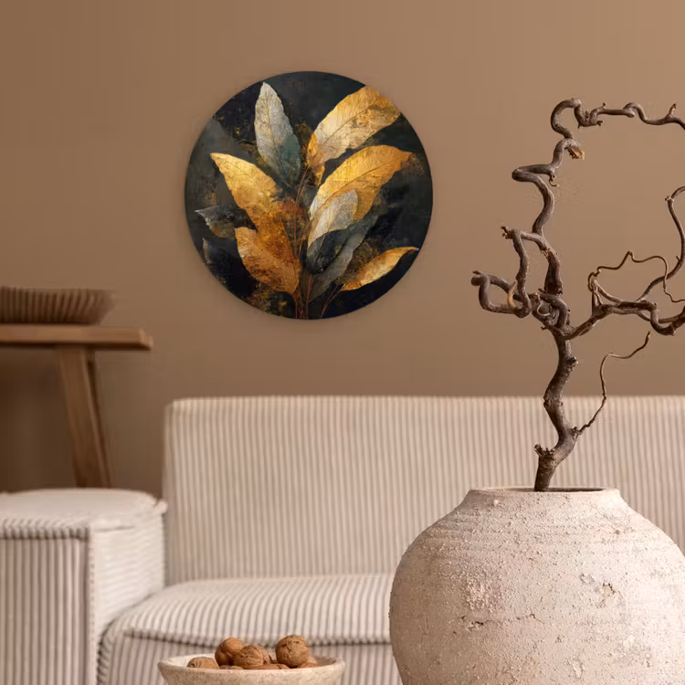 Gouden Bladcompositie – Botanische Luxe Wandcirkel kunststof plaat 5mm dik klein -sfeer1